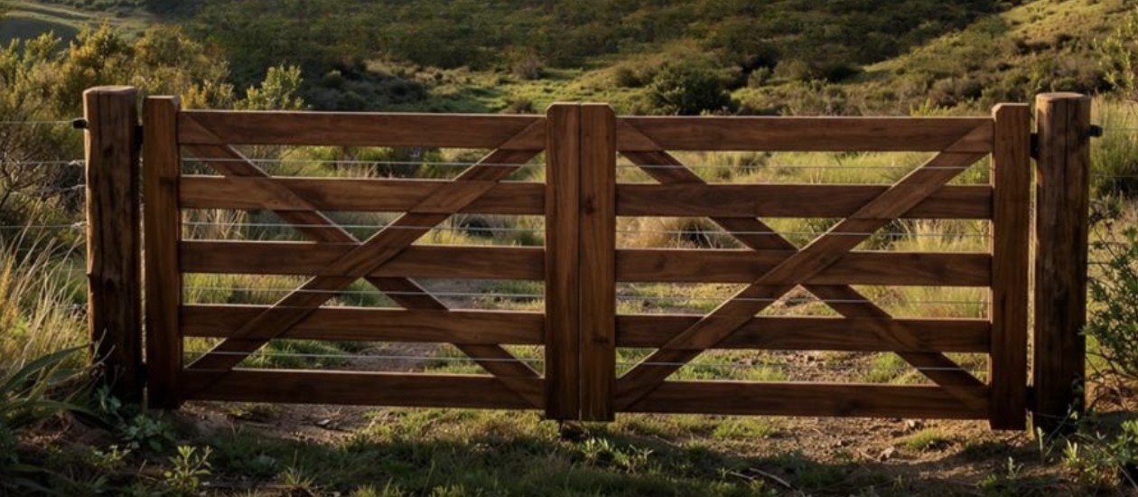 Tranquera de madera al pie de la sierra